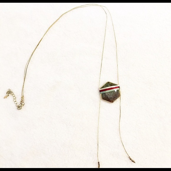 Long Gold Necklace w/ Gemstone & Tassels - Picture 2 of 5